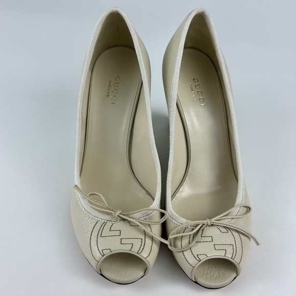 Gucci Cream GG Logo Peep Toe Wedge - Picture 7 of 9